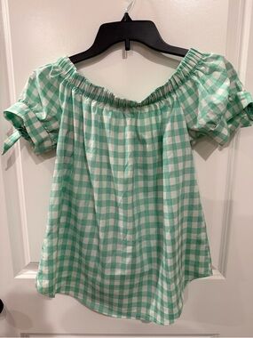 Gingham Off-Shoulder Blouse in Mint Green
